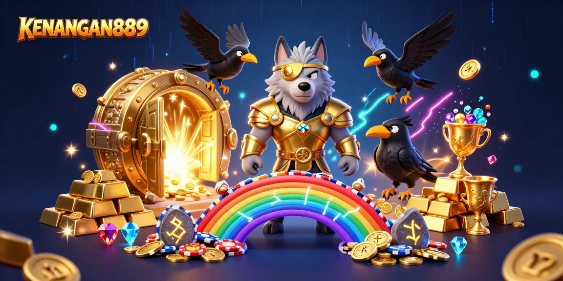Join KENANGAN889 for thrilling jackpots amid golden treasures and royal elements in this stunning 3D casino scene.