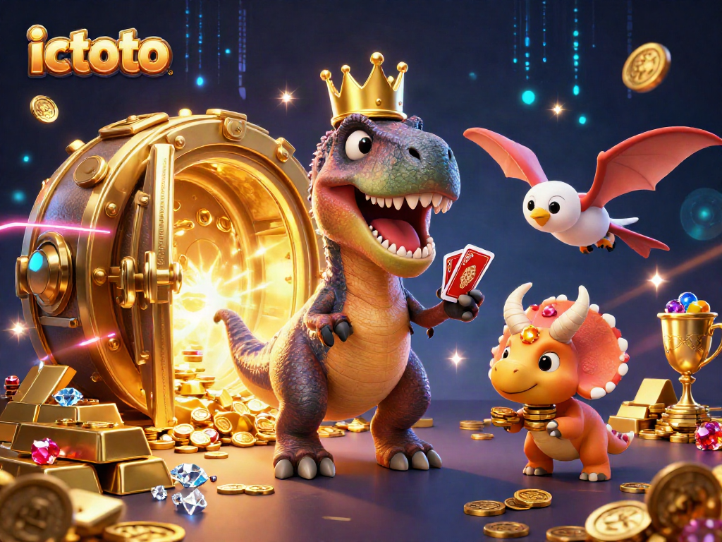 ikhtisar permainan di ictoto dengan karakter kartun T-Rex dan teman-temannya di kasino 3D
