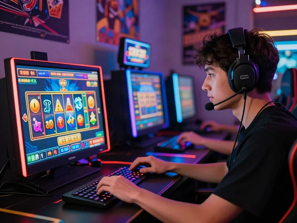 Pengguna NAGAHOKI303 menikmati permainan slot online dengan fokus, dikelilingi grafis warna-warni dan suasana gaming yang ceria.