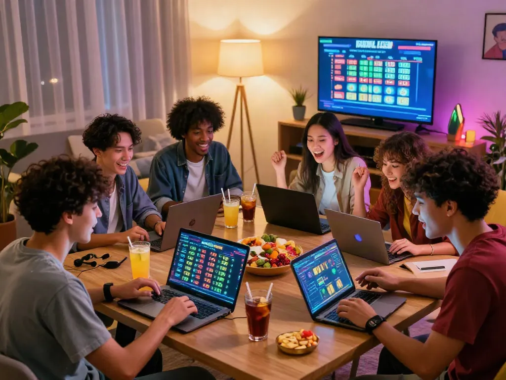 Excited friends enjoying a Bandar Togel game in a lively living room setting.