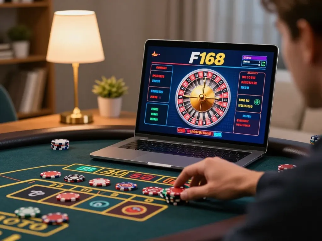 Player strategizing bets on F168's online roulette game from home, showcasing interactive gaming experience.
