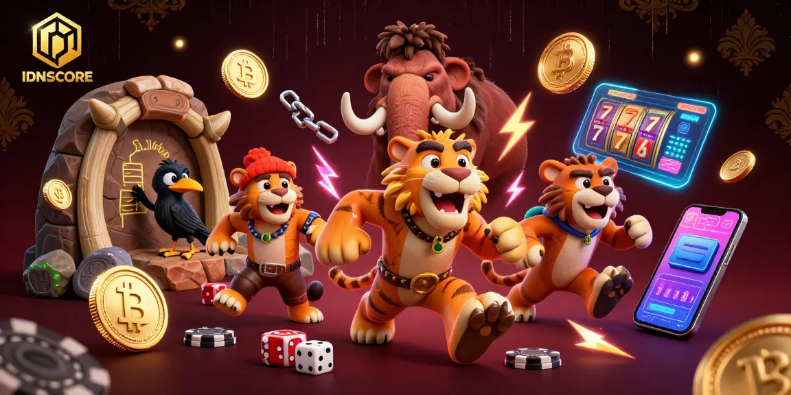 Engage in thrilling gameplay at IDNSCORE, featuring animated prehistoric casino characters among vibrant gambling elements.