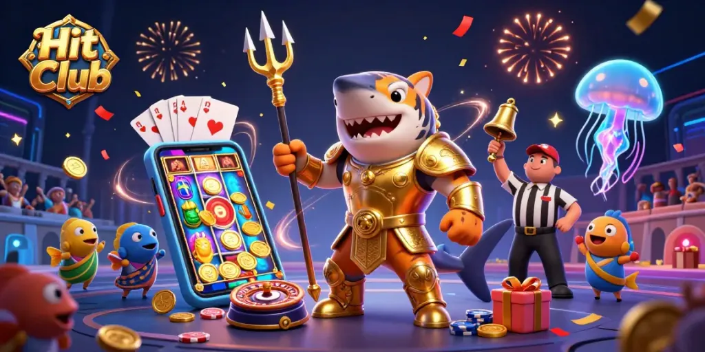 Experience the excitement of Hit Club with a vibrant 3D casino scene filled with slot games and lively characters.