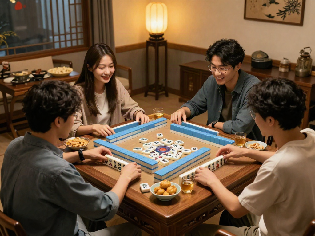 Friends enjoying a lively Mahjong game with traditional tiles and cozy snacks, capturing the joy of MAHJONGJP88.