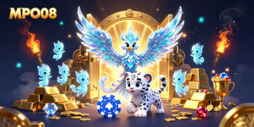 MPO08 gathers luck as a snow leopard plays with a poker chip amid glowing treasures.