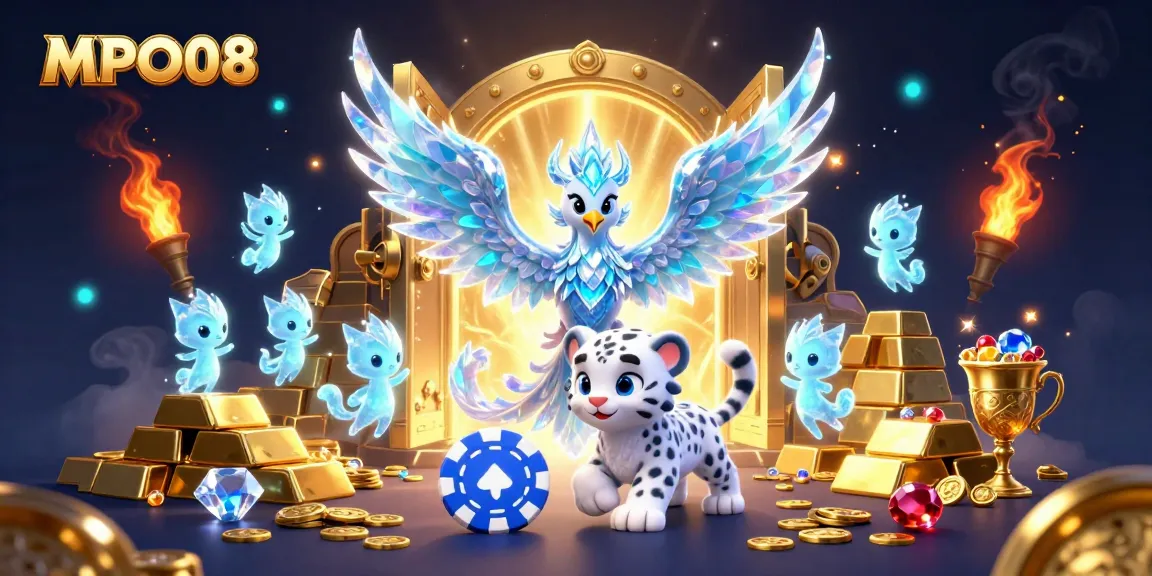 MPO08 gathers luck as a snow leopard plays with a poker chip amid glowing treasures.