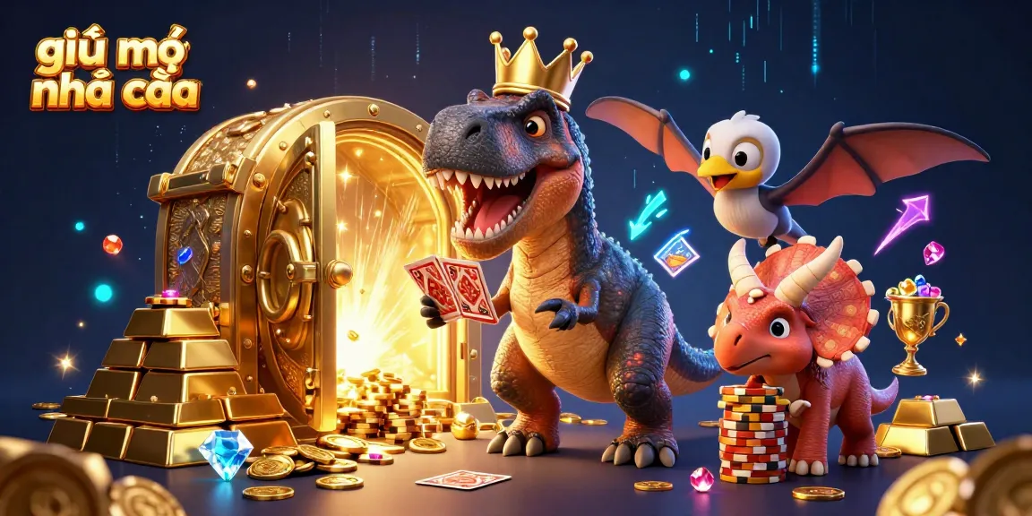 Engage with giải mã nhà cái in a vibrant 3D casino world with dinosaurs shuffling cards and stacking chips.