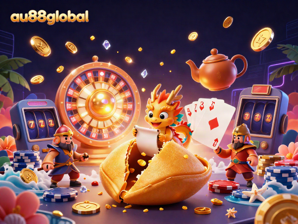 Experience the excitement of gambling with au88global, featuring a dynamic scene of fortune cookies and gaming symbols.
