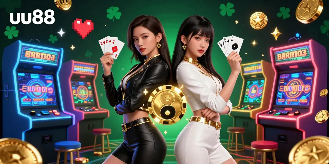 Win big at uu88 with beautifully illustrated Asian women playing cards in a vibrant casino setting.