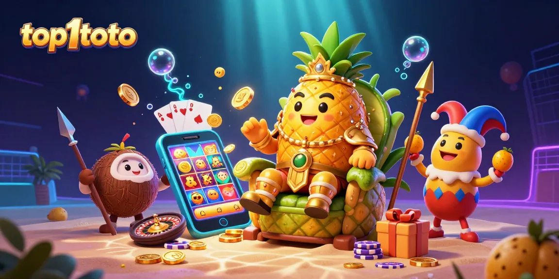 Experience the thrill of top1toto with the golden pineapple king surrounded by vibrant gaming elements.