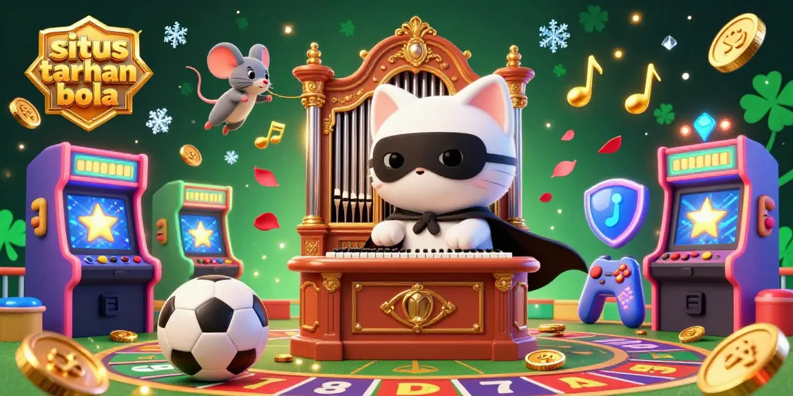 Sparkle-filled scene illustrating situs taruhan bola with a phantom cat, mouse acrobat, and dynamic sports betting elements.