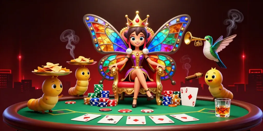 Permainan kasino 1131GG dengan ratu kupu-kupu dan elemen poker berkilau.