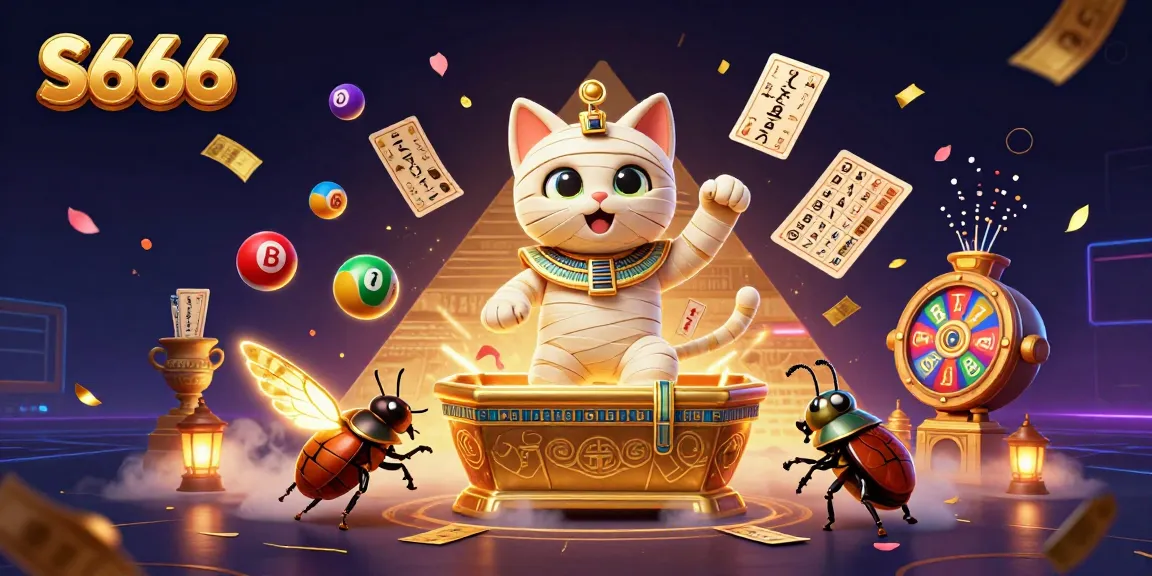 S666 features a dynamic 3D scene with a mummy cat and scarab in a vibrant casino setting, showcasing lottery elements.