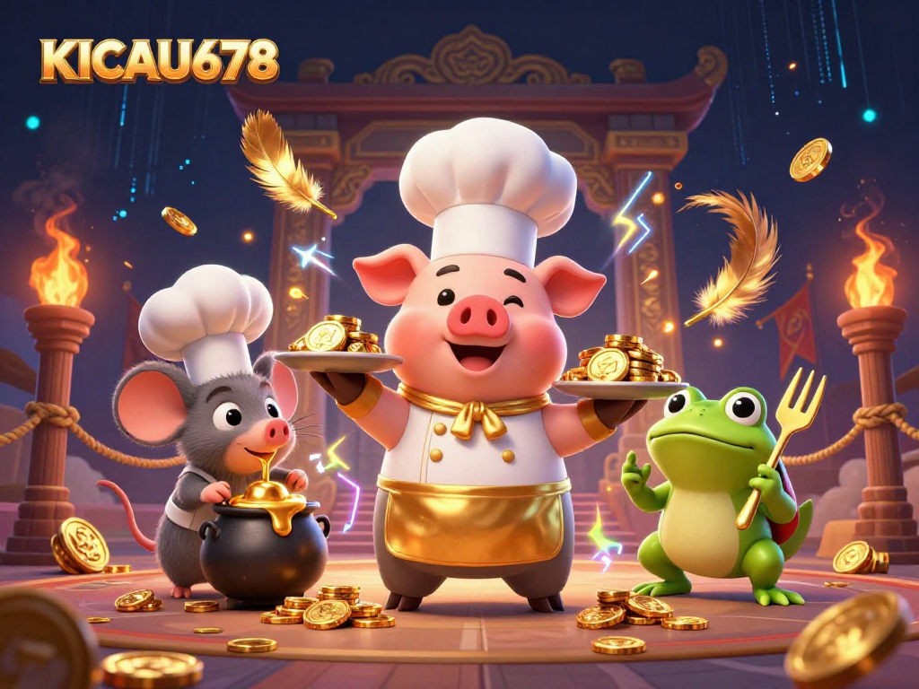 KICAU678 showcases a vibrant cartoon scene with a chef pig serving gold coins, depicting the thrill of online gambling.