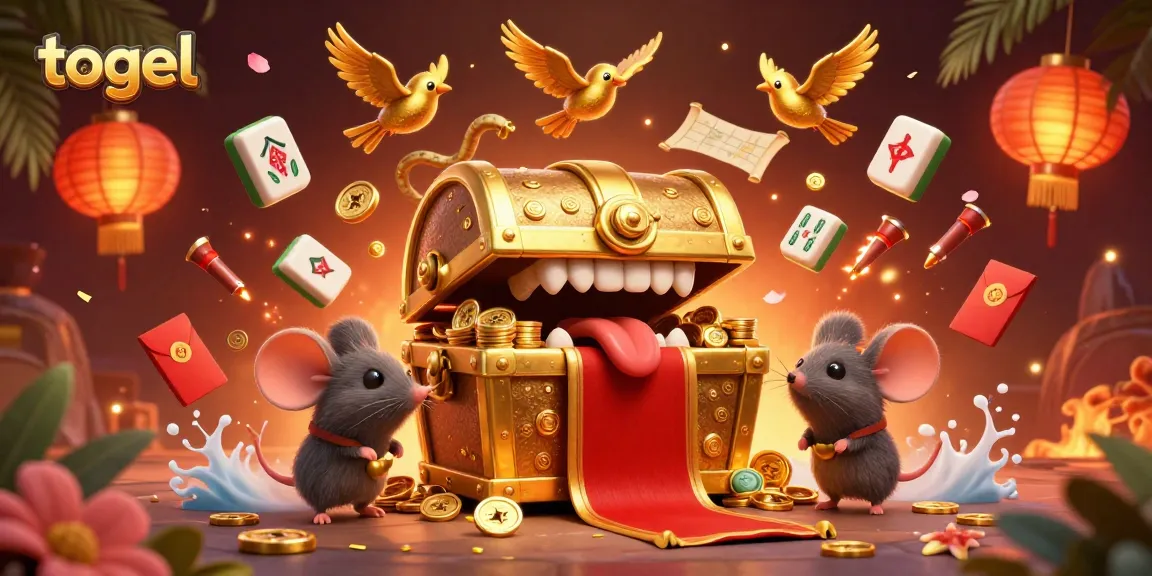 Menangkan togel online dengan peti harta karun dan simbol keberuntungan yang mengelilingi Anda.
