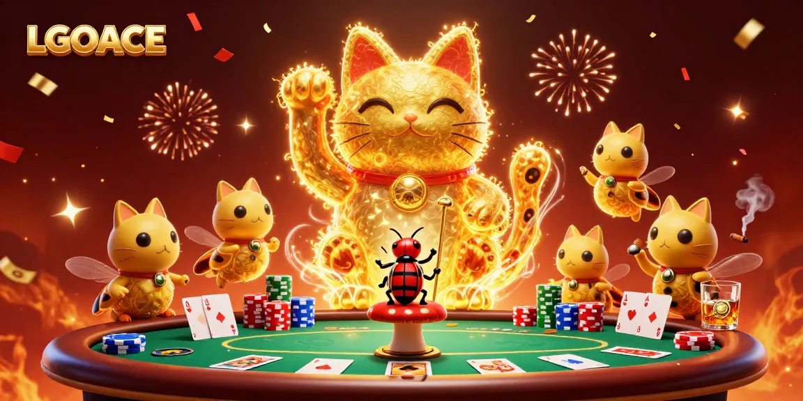 LGOACE showcases a vibrant scene with a lucky cat and poker elements in a bustling casino atmosphere.