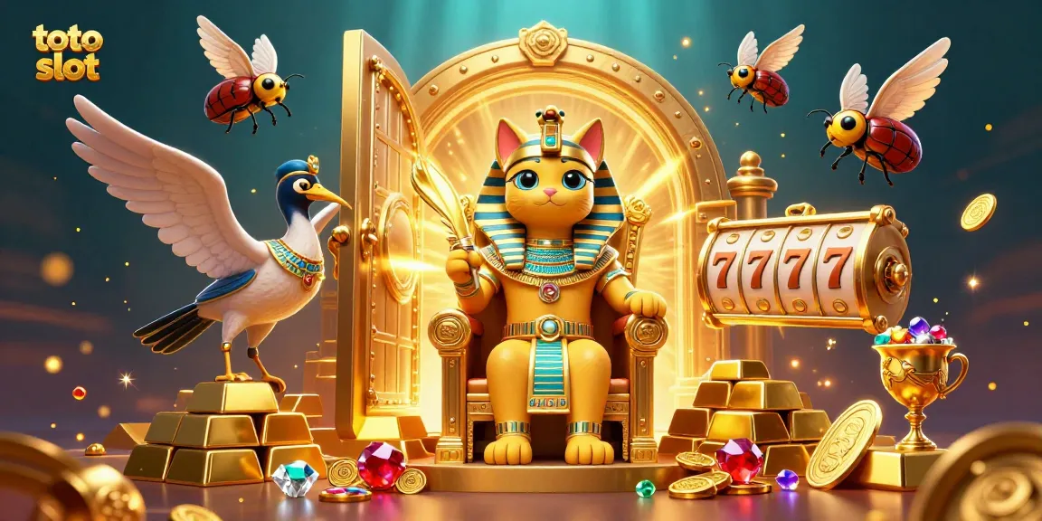Experience the excitement of toto slot with a vibrant 3D illustration of a pharaoh cat and treasures.