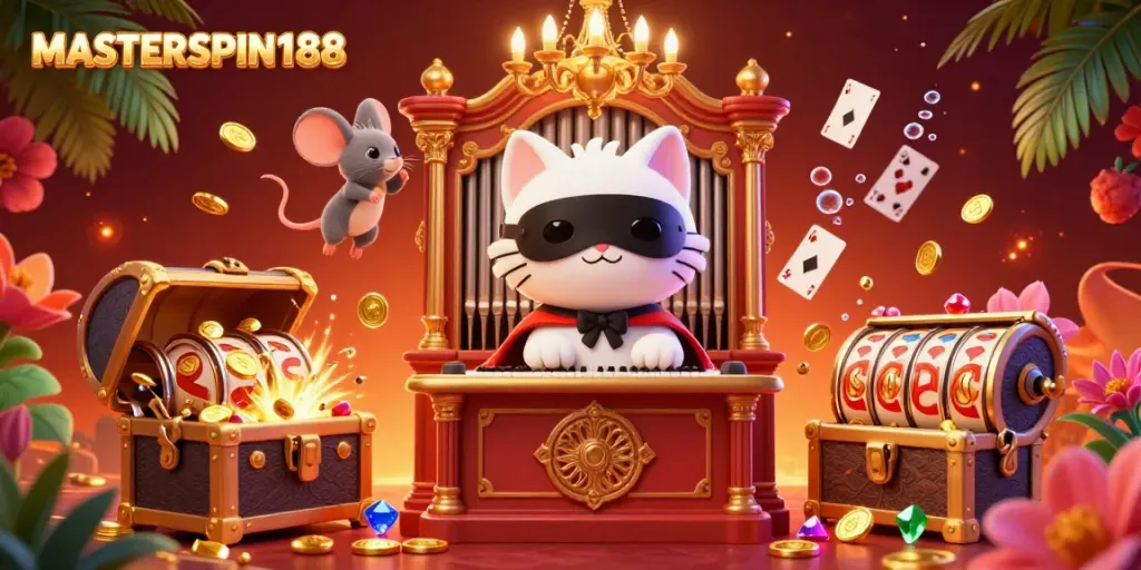Spin game reels and celebrate wins at MASTERSPIN188 with captivating characters in a vibrant casino atmosphere.