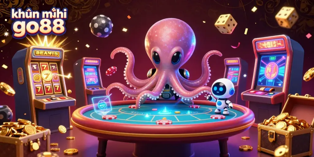 Engage with khuyến mãi go88 in a vibrant 3D casino scene featuring an alien octopus and robotic companion at a poker table.