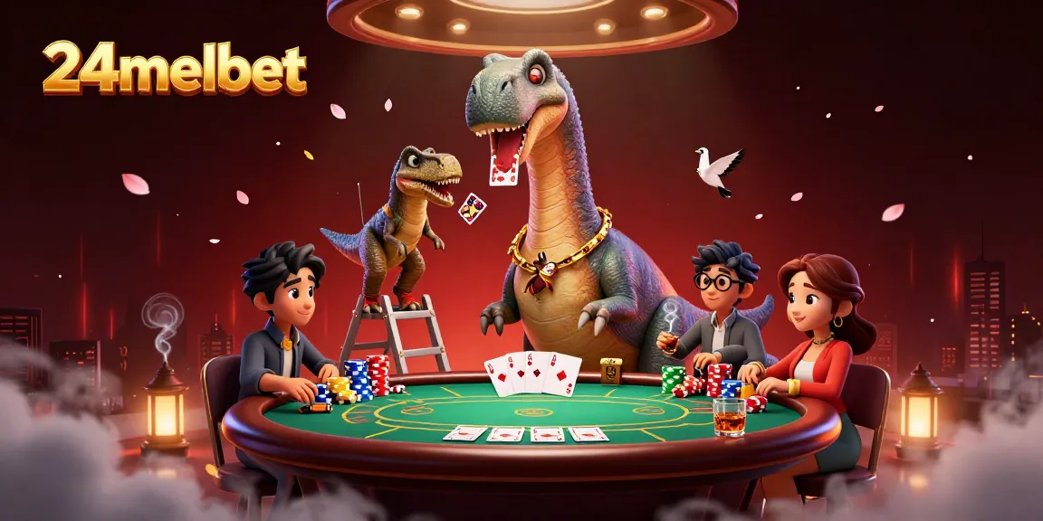 Experience high-stakes poker action at 24melbet, where a giant brontosaurus oversees the game.