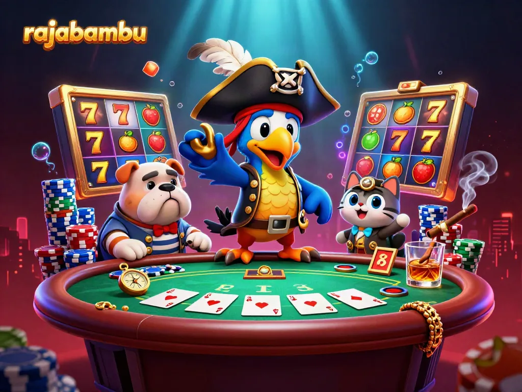 Rajabambu menampilkan suasana kasino dengan dominasi slot dan karakter lucu yang berjudi.