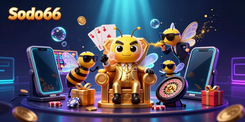 Sodo66 showcases a vibrant casino environment with a 3D bumblebee mob boss and lively gaming elements.