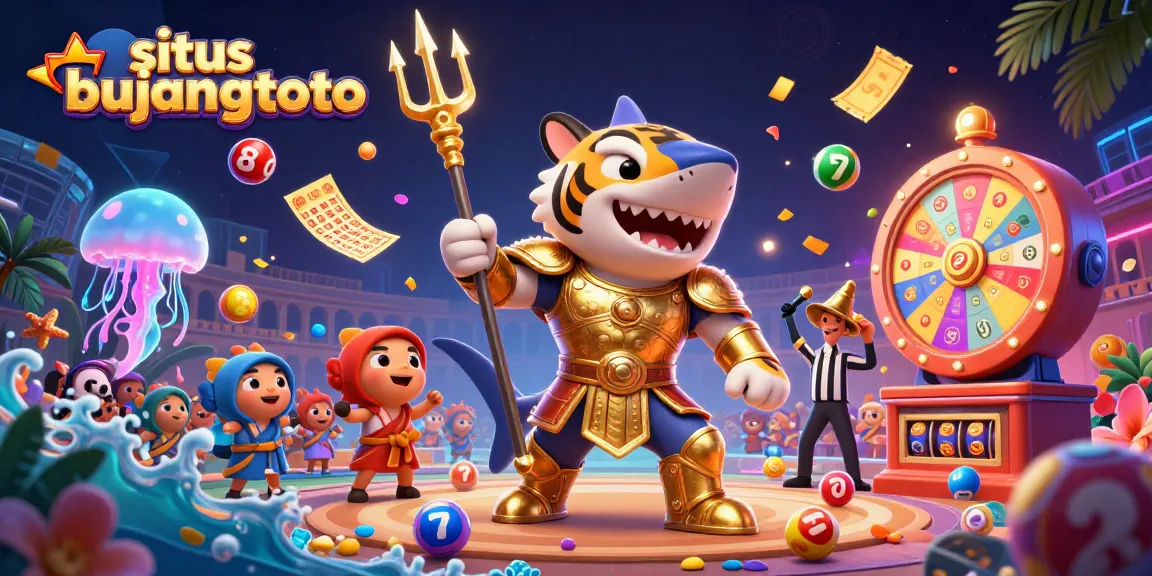 Engage with situs bujangtoto as the tiger shark battles in an underwater colosseum with vibrant lottery elements.