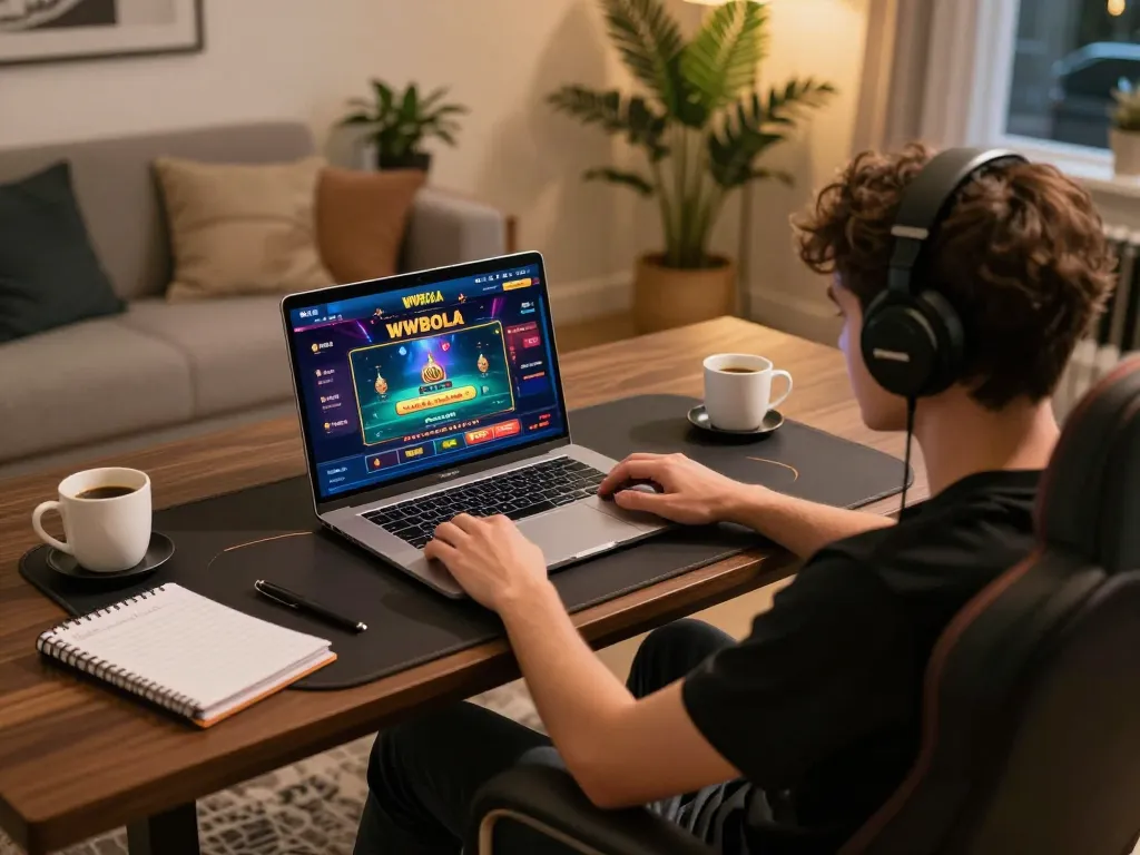 Player engaging with WWBOLA online gaming on a laptop in a cozy home setup.