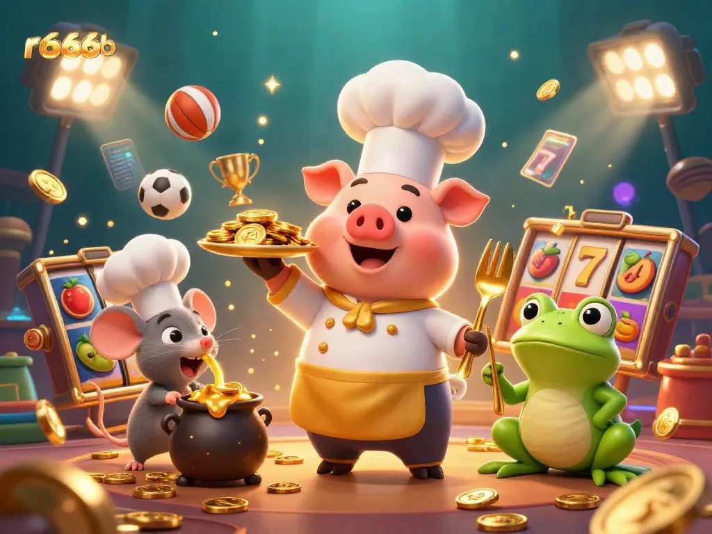Experience excitement at r666b with colorful casino characters amidst gold coins and dynamic game elements.
