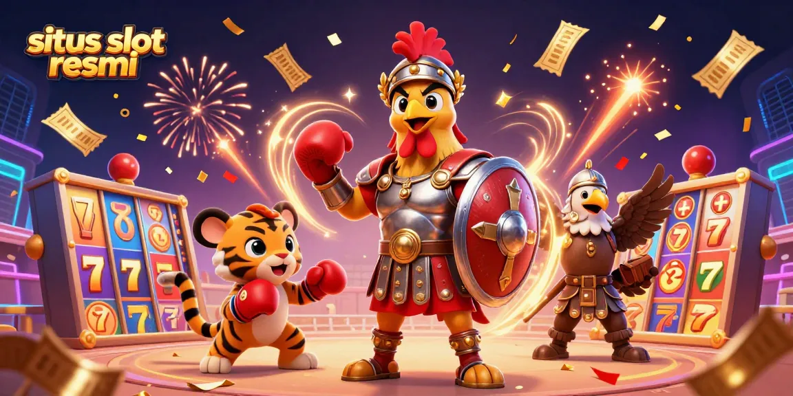 Spin jackpots and win big at situs slot resmi with an engaging scene of a rooster and sparring tiger, colorful slot elements, and festive fireworks.