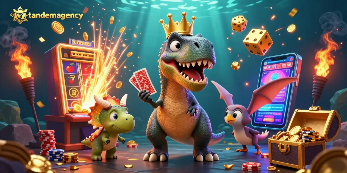 Tandemagency showcases fun 3D characters enjoying vibrant casino action and jackpot wins.