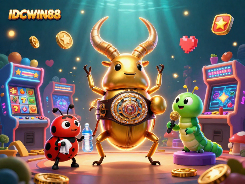 Win big with IDCWIN88's spectacular 3D casino illustration featuring vibrant slot games and dynamic characters.