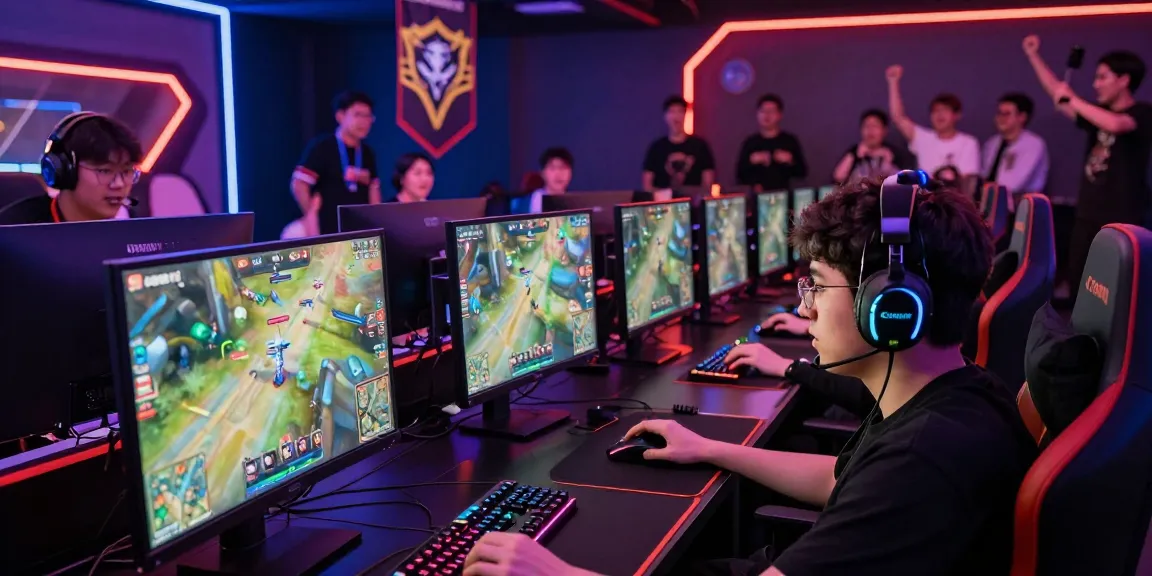 Suasana kompetitif ligagalaxy di arena esports yang dinamis, gamer fokus dan energik.