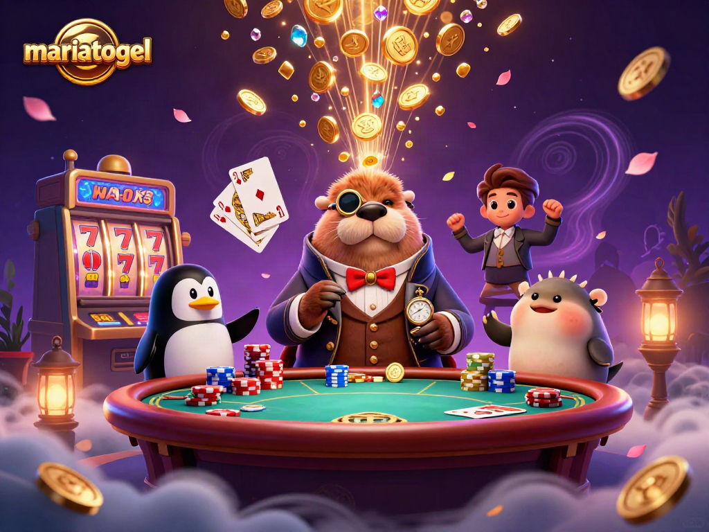 Engaging scene featuring mariatogel with a walrus at an underwater poker table, stacked chips, and lucky sevens.