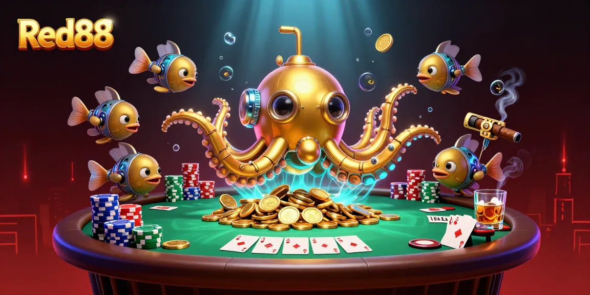 Experience Red88 with a dazzling kraken submarine amidst golden coins and poker elements.