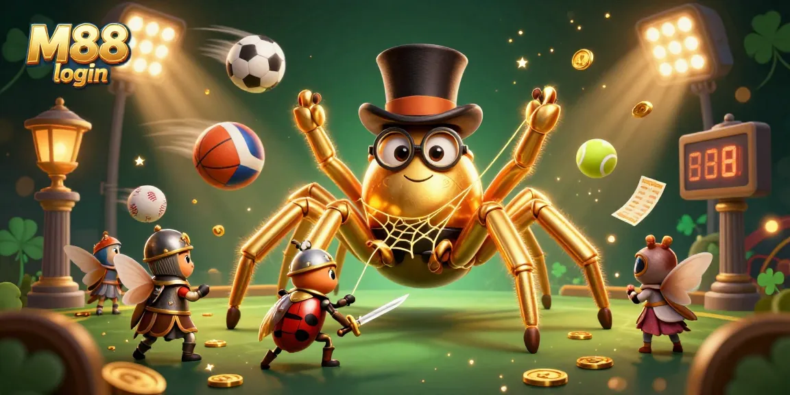 M88 login showcases a golden tarantula weaving an intricate web amidst vibrant casino elements.