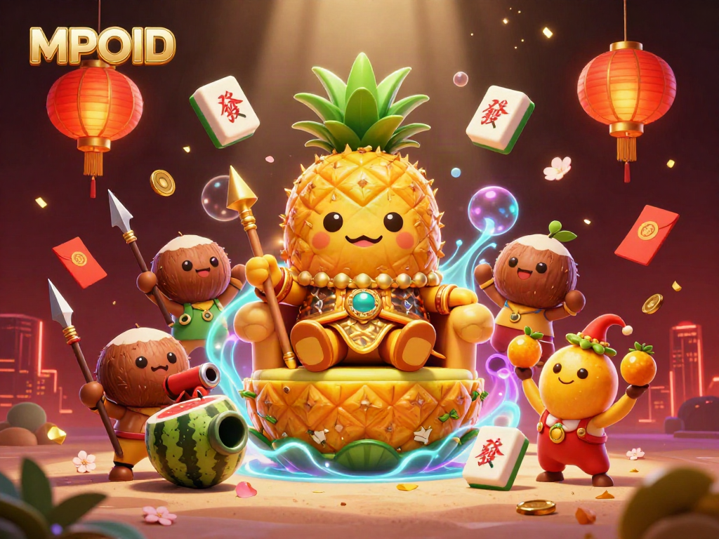 MPOID promotes gaming excitement with a vibrant cartoon beach casino scene featuring a golden pineapple king and tropical elements.