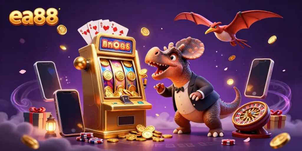 ea88 jackpot scene with a pachycephalosaurus celebrating slot machine wins amid cascading coins.