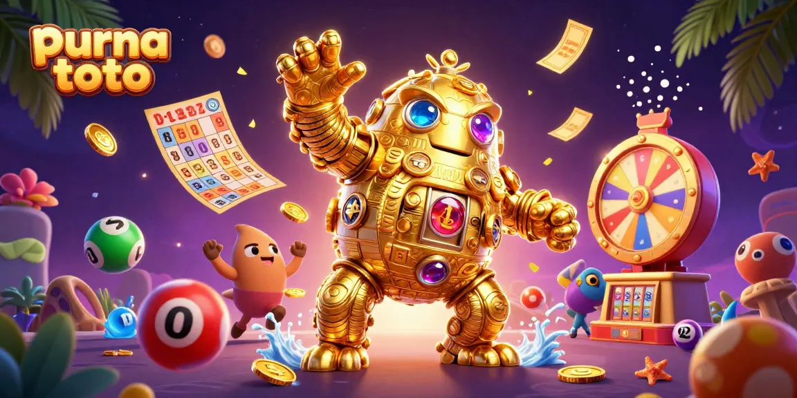 Ilustrasi 3D Purna Toto menampilkan golem emas dan elemen kasino berwarna-warni.