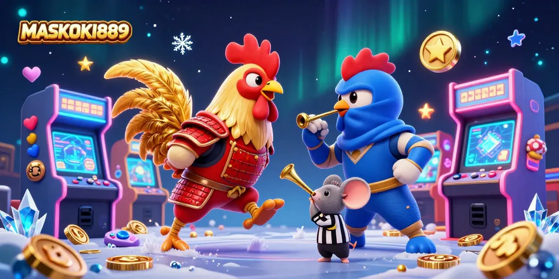 Engage with MASKOKI889's electrifying gaming scene featuring fighting roosters and arcade elements.