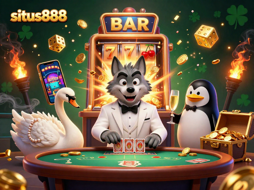 situs888 brings exhilarating gaming with a debonair wolf, elegant swan, and sophisticated penguin in a lively casino scene.