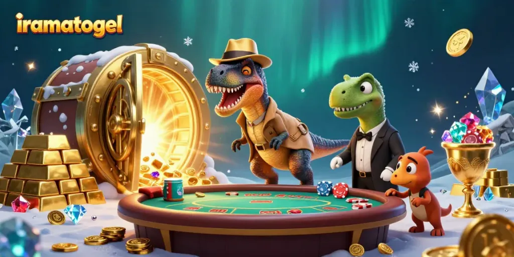 Experience iramatogel fun with cartoon dinosaurs at a blackjack table amid treasures.