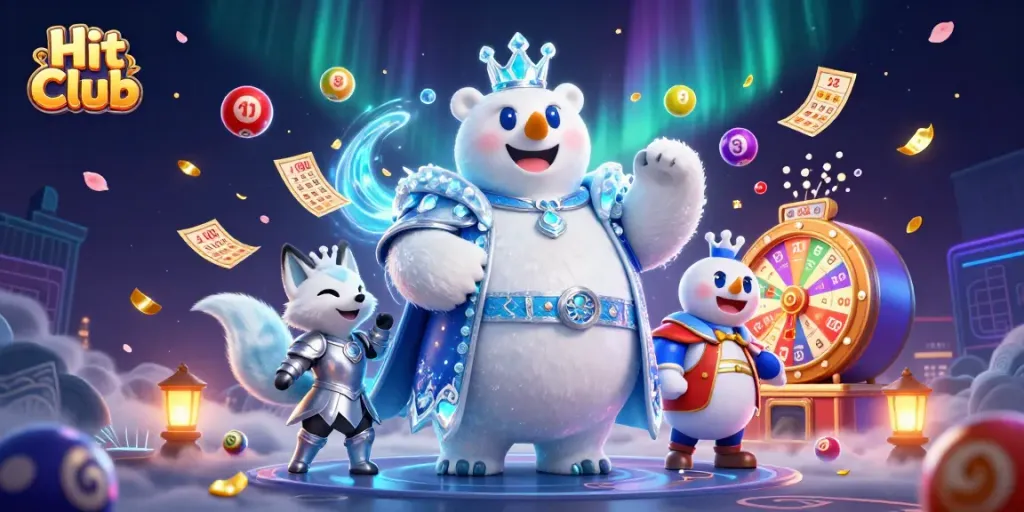 Hit Club showcases vibrant lottery elements with a polar bear and snow fox, capturing excitement and energy.