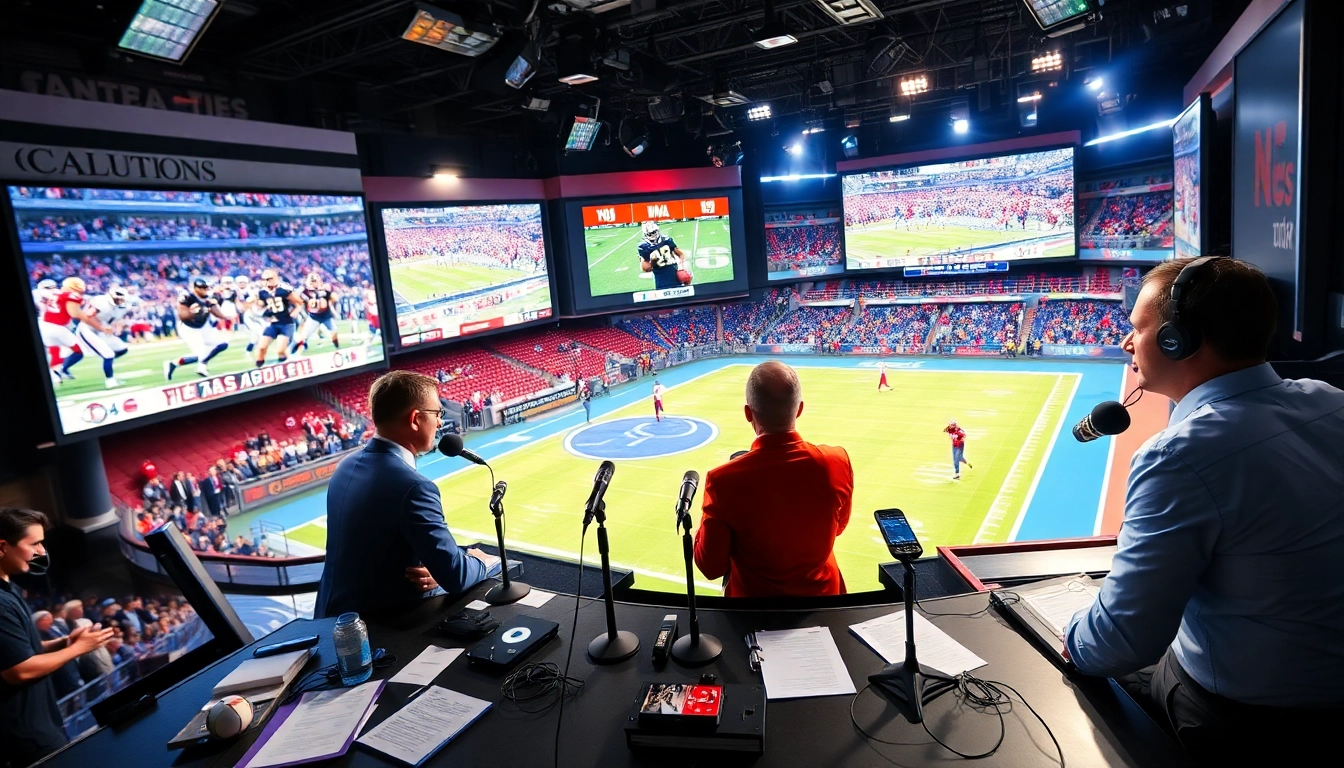 Engaging sports broadcasting studio showcasing lively discussion and live game footage.