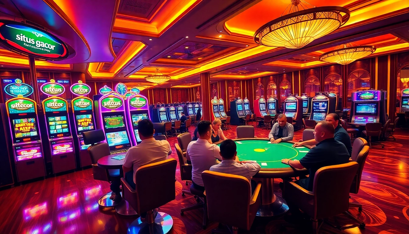 Pemain menang di mesin slot situs gacor dalam lingkungan kasino yang hidup penuh warna.