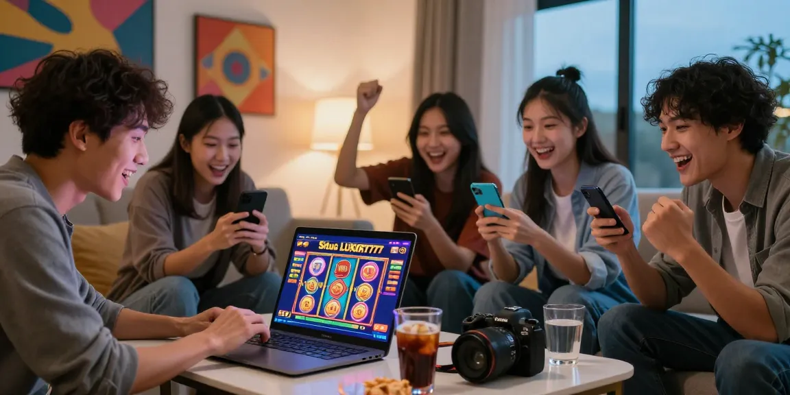 Para pemain merayakan kemenangan di Situs LUXURY777 dalam suasana santai di ruang tamu modern.