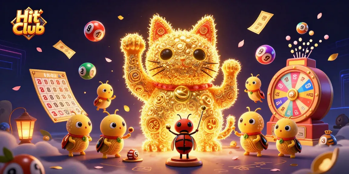 Engage with Hit Club featuring a giant lucky cat amidst dynamic casino symbols and exciting game elements.