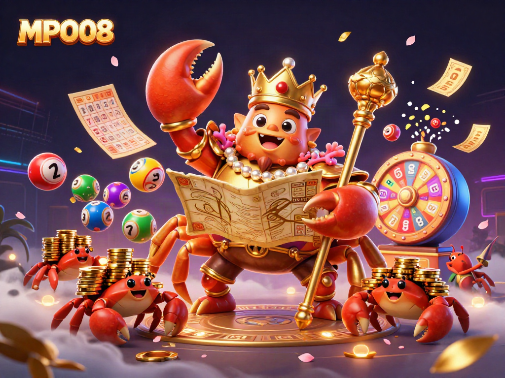 MPO08 engages players with a vibrant scene of lottery excitement, featuring a golden crab emperor amidst colorful elements.