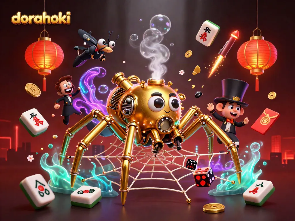 Gambaran ilustrasi 3D dorahoki dengan laba-laba steampunk menangkap dadu yang kurang beruntung.