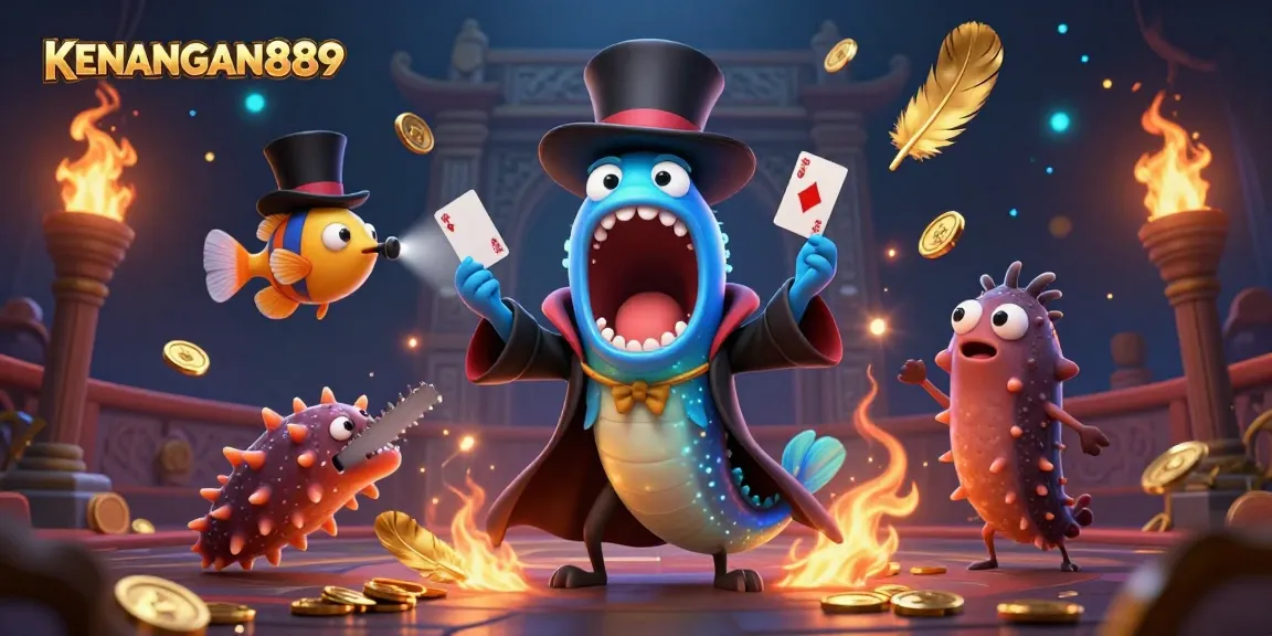 Experience the magic of KENANGAN889 with a vibrant card trick scene featuring a bioluminescent eel and dynamic casino elements.